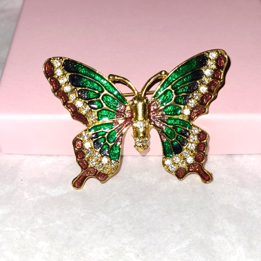 Worthington Butterfly Brooch Pin Burgundy & Green Enamel with Austrian Crystals